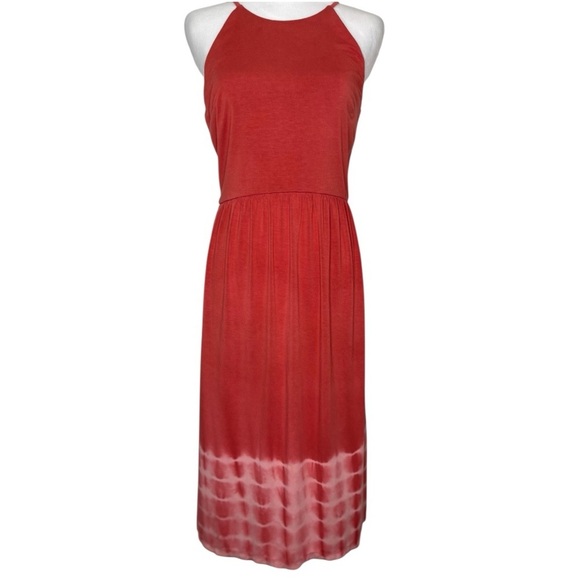 Ann Taylor LOFT Red Orange Halter Neck Sleeveless Tie dye  Midi Maxi Dress X-Sm - Picture 1 of 11